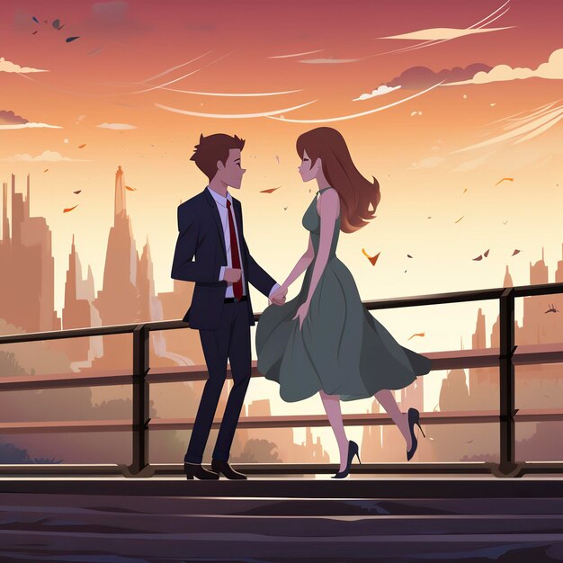 Мужчина из мультфильма делает предложение своей молодой девушке в день ухаживания, в день святого Валентина.