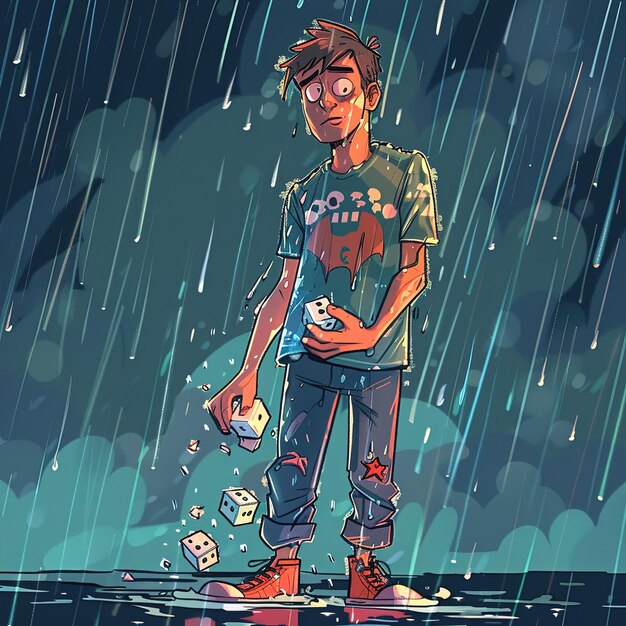 Photo a cartoon of a man in the rain with a bottle of soda in his hand