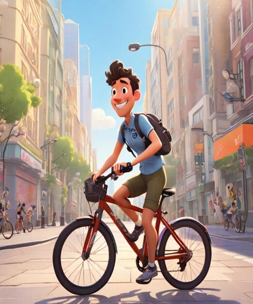 Photo a cartoon of a man riding a bike with a backpack on his back