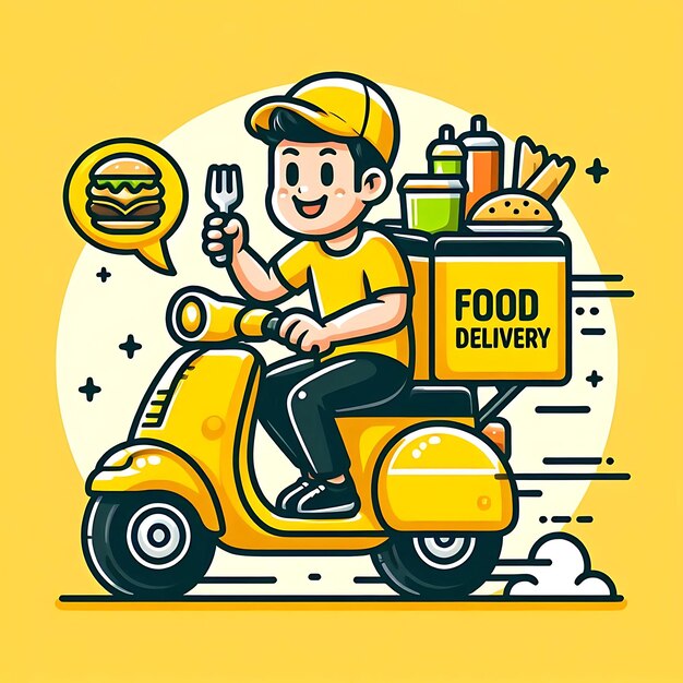 a cartoon of a man on a scooter with a sign that says food quot on it