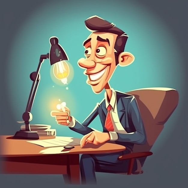 램프와 커피 한 잔을 가진 책상에 앉아있는 만화 남자