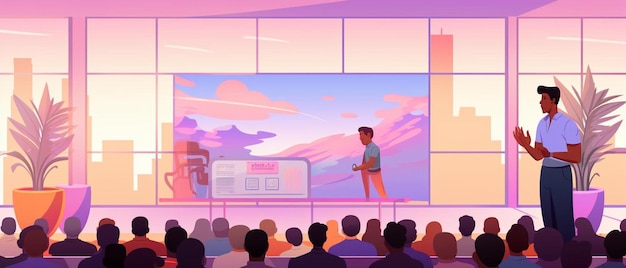 Photo a cartoon of a man on stage with a video screen and a man in a suit watching a presentation