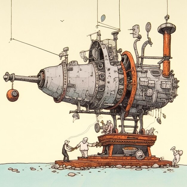 Cartoon of a man standing on a boat with a giant machine generative ai