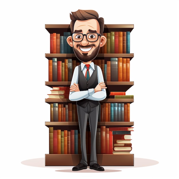Photo cartoon man standing in front of a book shelf with books generative ai