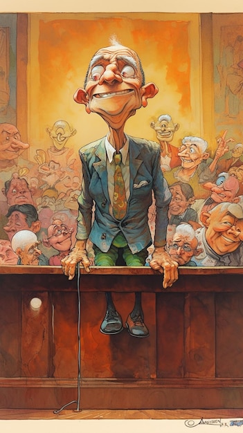 A cartoon of a man standing in front of a crowd of people.