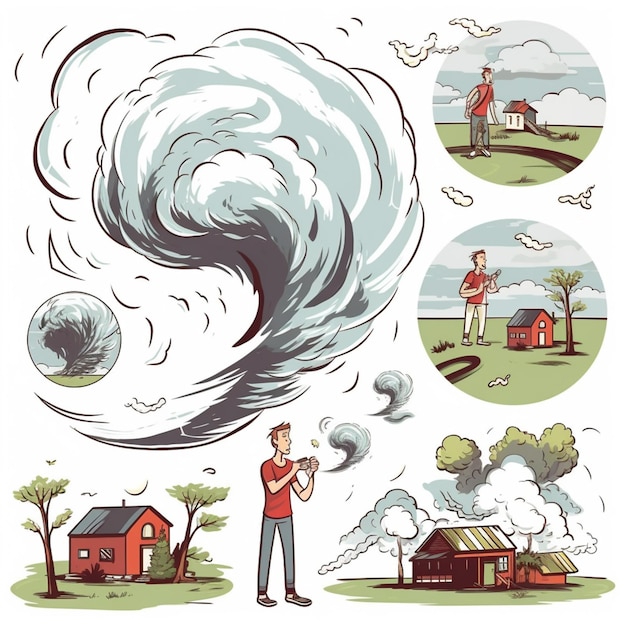 a cartoon of a man standing in front of a large wave generative ai