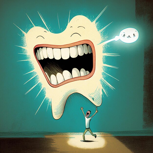 Cartoon of a man standing in front of a tooth with a speech bubble generative ai