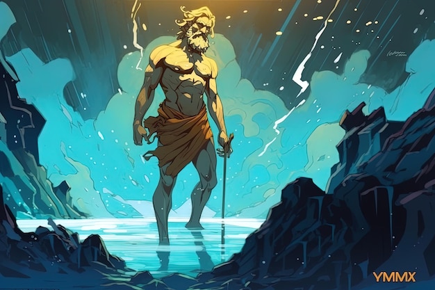 A cartoon of a man standing in water with a lightning bolt in the background.