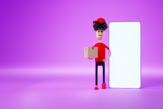 Cartoon man stands with cardboard boxes next to a smartphone with a blank screen. Moving assistance, online shopping delivery, moving app, mock-up for your design. 3D rendering, 3D illustration.