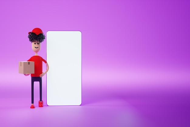 Cartoon man stands with cardboard boxes next to a smartphone with a blank screen. Moving assistance, online shopping delivery, moving app, mock-up for your design. 3D rendering, 3D illustration.