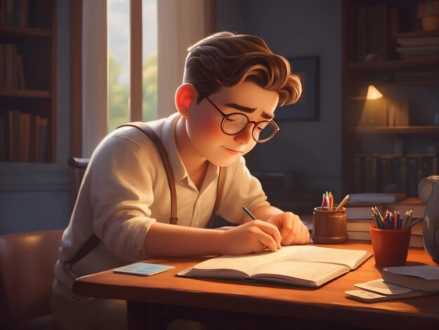 A cartoon man studying