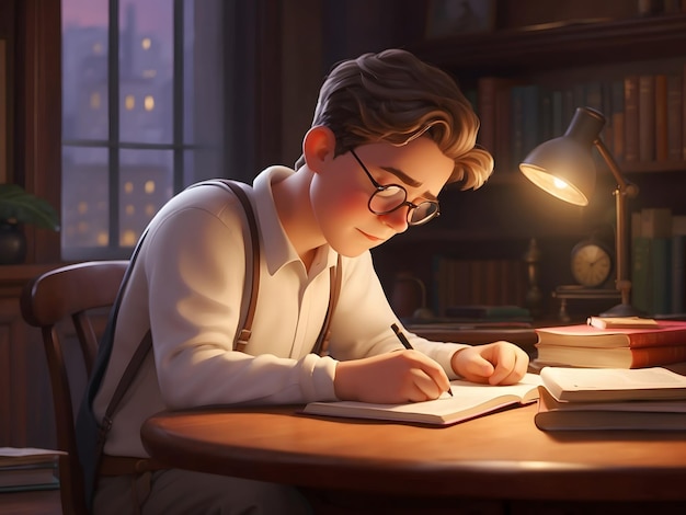 A cartoon man studying