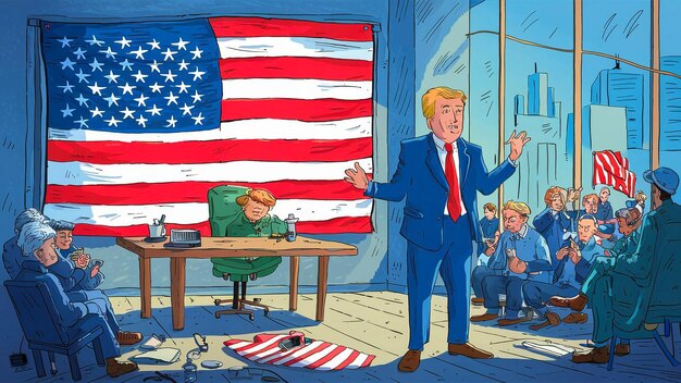 Photo a cartoon of a man in a suit and a man in a suit with a flag in the background