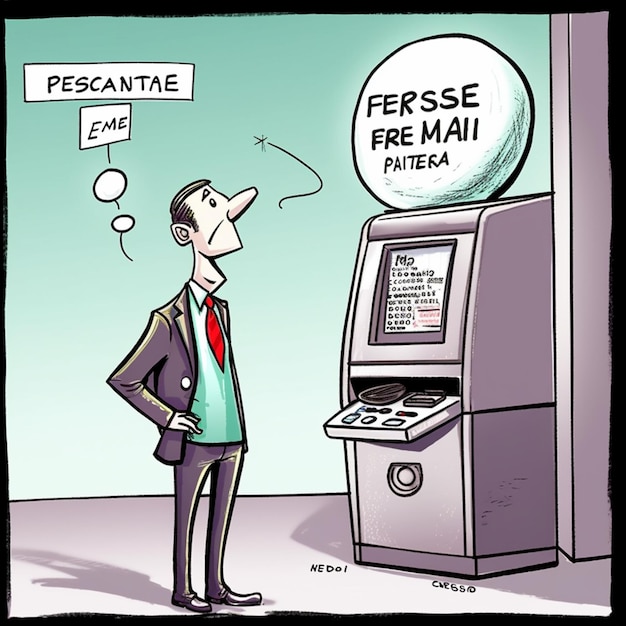 A cartoon of a man in a suit and tie looking at a atm with the words fess free mai.