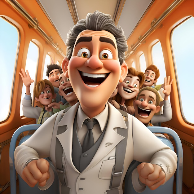 Cartoon man in a train with passengers in the background 3d rendering