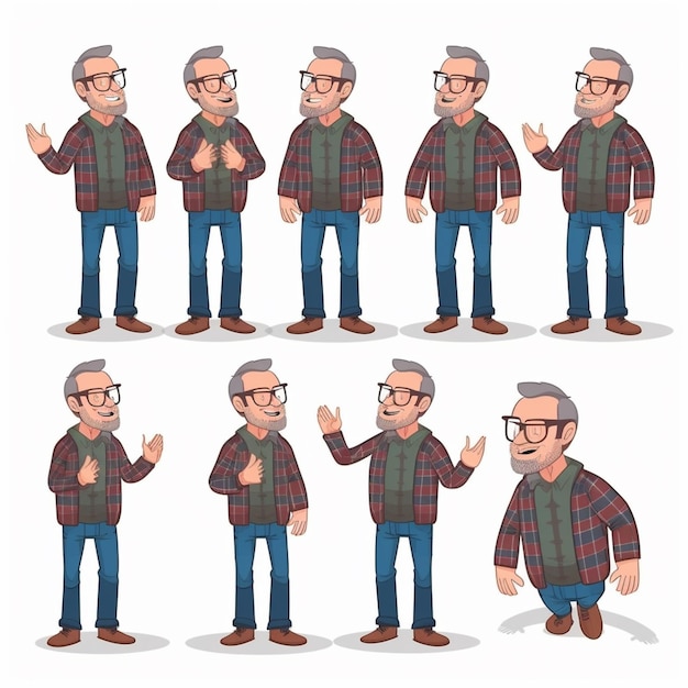 Photo cartoon man in various poses with different expressions generative ai