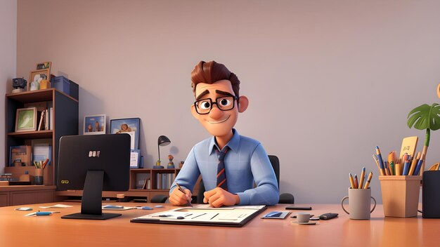 a cartoon of a man wearing glasses and a tie sits at a desk with a computer