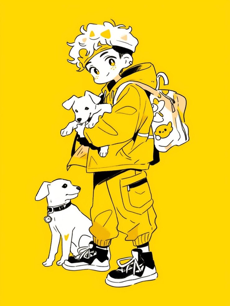Photo バックパックと犬を背負った男の漫画