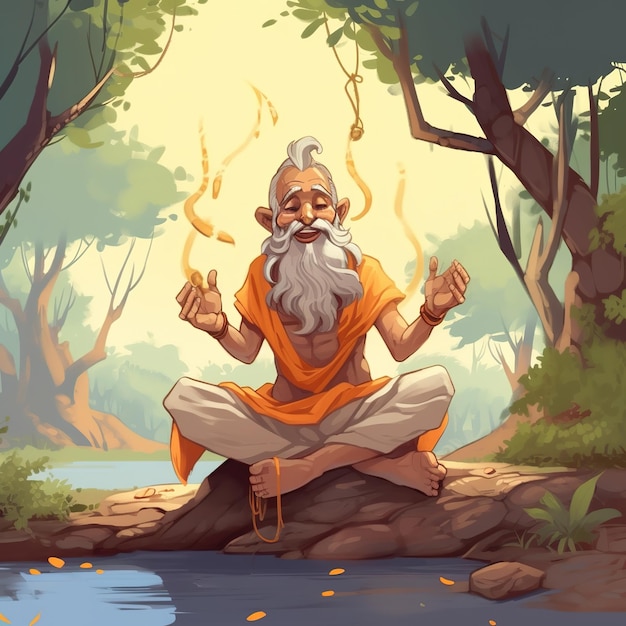 A cartoon of a man with a beard and wearing orange clothes is sitting on a rock in a forest