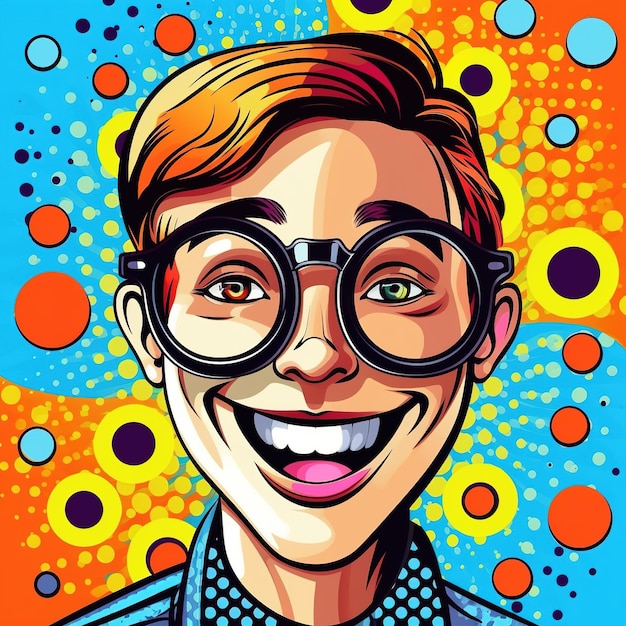 A cartoon of a man with big glasses and a polka dot shirt.