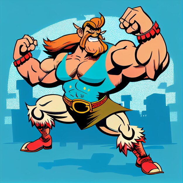 Foto cartone animato di un uomo con un grande corpo muscoloso e un grande pugno generativo ai