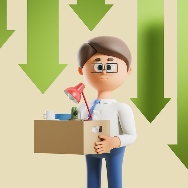 Cartoon man with box found new job