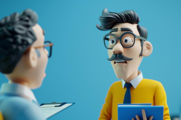 Photo cartoon man with fake mustache looking at man with clipboard
