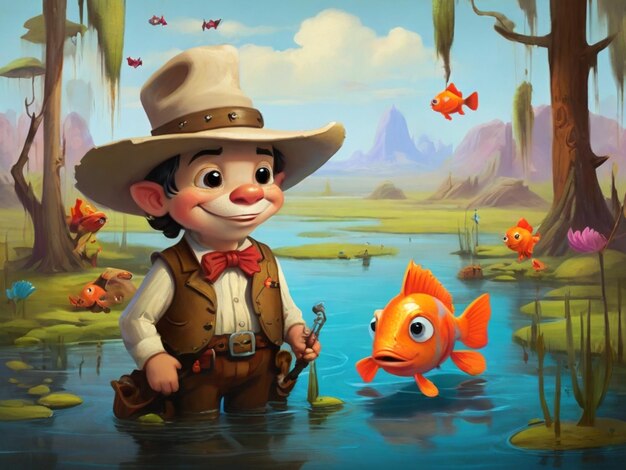 Photo a cartoon of a man with a fish and a fish