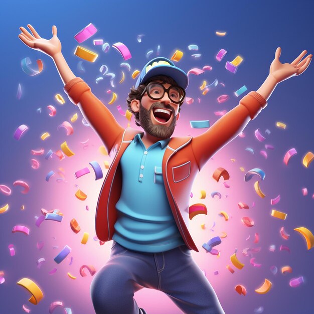 Photo cartoon man with glasses and a baseball cap jumping in the air