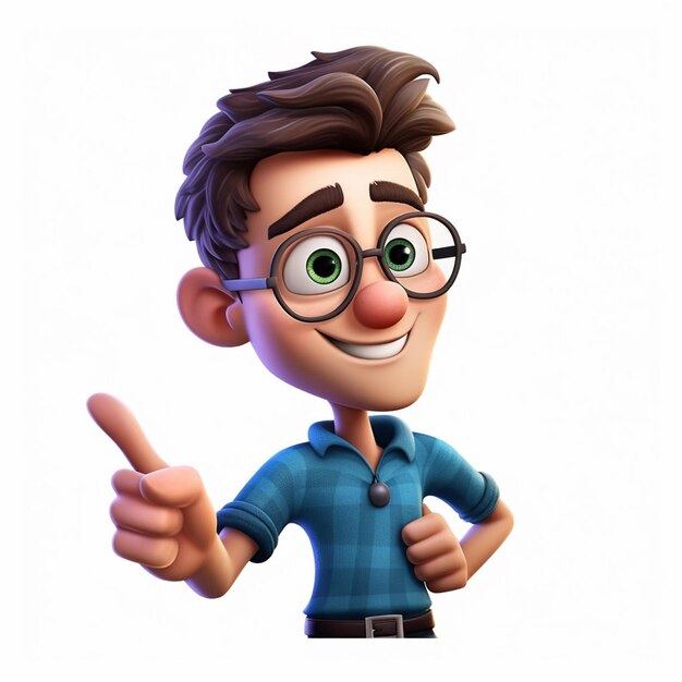 A cartoon man with glasses and a blue shirt that says " he is giving a thumbs up ".