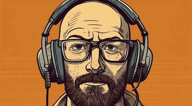 A cartoon of a man with glasses and a headphones