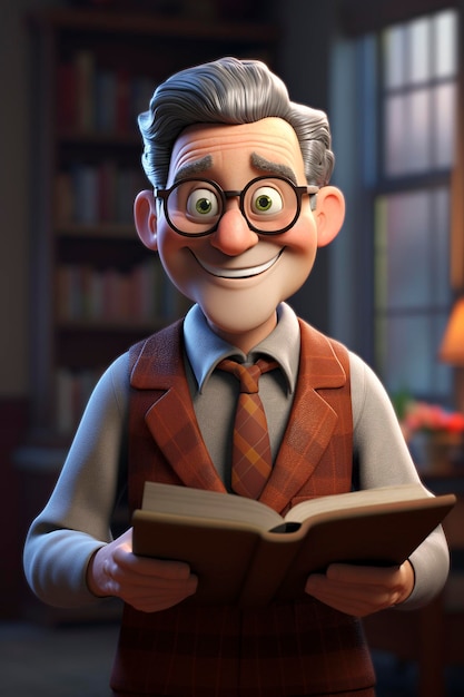 a cartoon of a man with glasses holding a book.