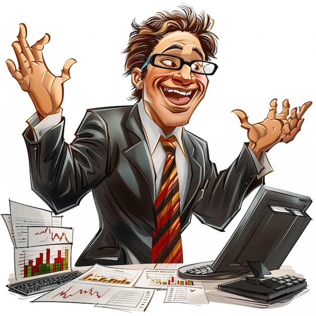 Photo a cartoon of a man with glasses and a laptop in front of him