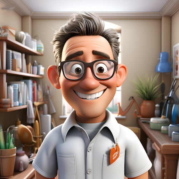 Cartoon man with glasses and a smile in his room 3d rendering