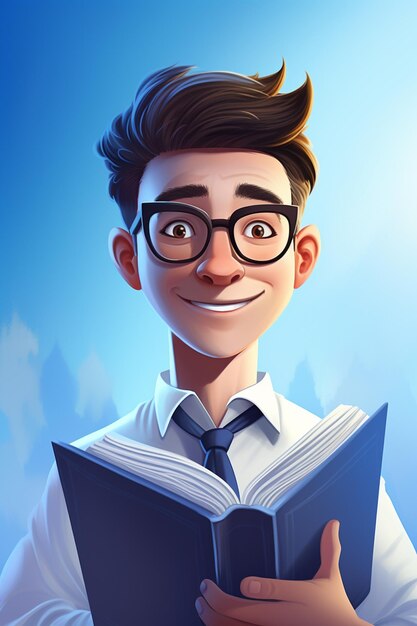 Cartoon man with glasses and tie reading a book in front of a blue sky generative ai