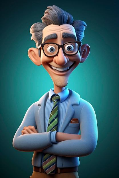 a cartoon of a man with glasses and a tie with a big smile.