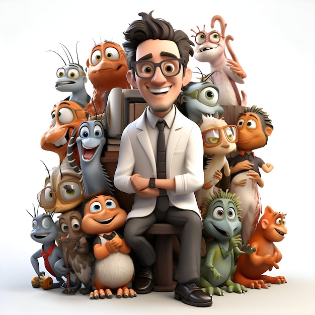 Cartoon man with a group of monsters 3D illustration