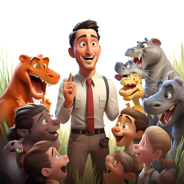 cartoon man with group of wild animals in the jungle illustration for children
