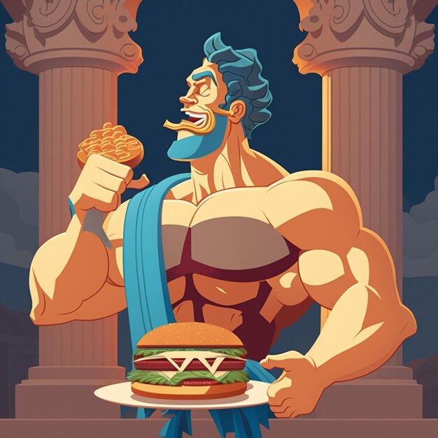 A cartoon of a man with a hamburger on his plate