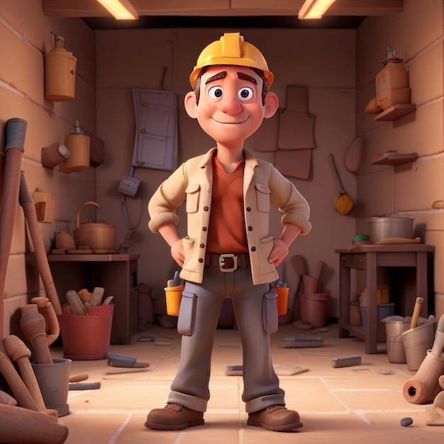 Карикатура на человека в шляпе и строительной шляпе Generative Ai