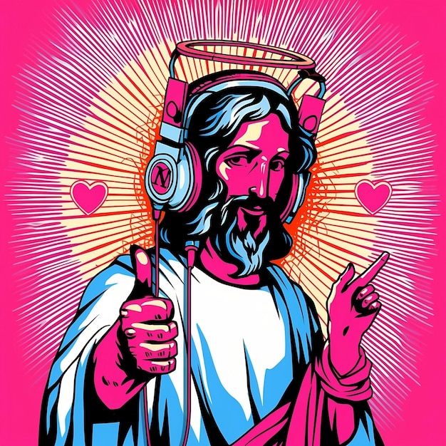 A cartoon of a man with headphones on and a heart shaped sign that says jesus.