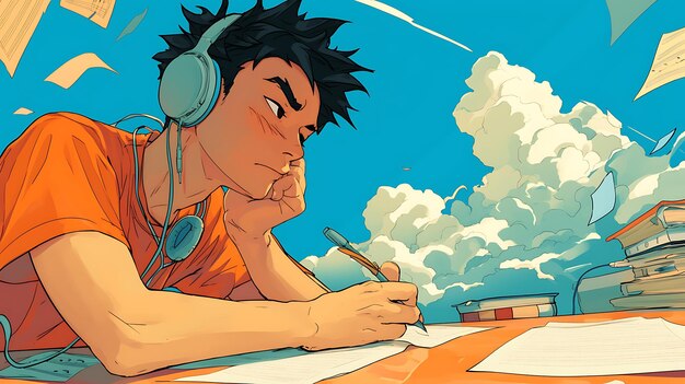 Photo a cartoon of a man with headphones and a pen in his hand