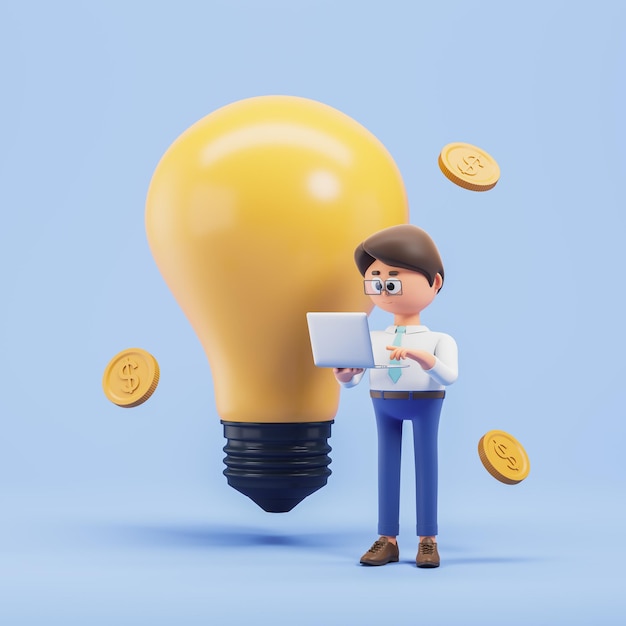 Cartoon man with laptop lightbulb and coins