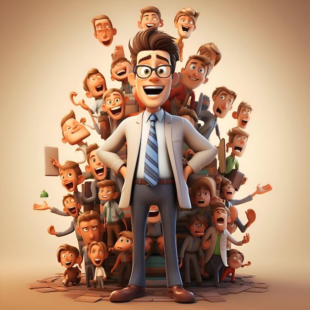 Cartoon man with many happy people around him 3D illustration