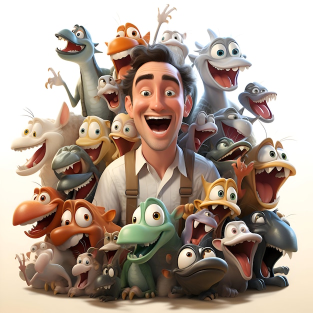 Cartoon man with many monsters on white background 3D Illustration