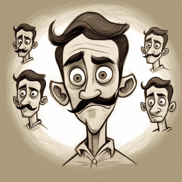 Photo cartoon man with mustaches and mustaches in various poses generative ai