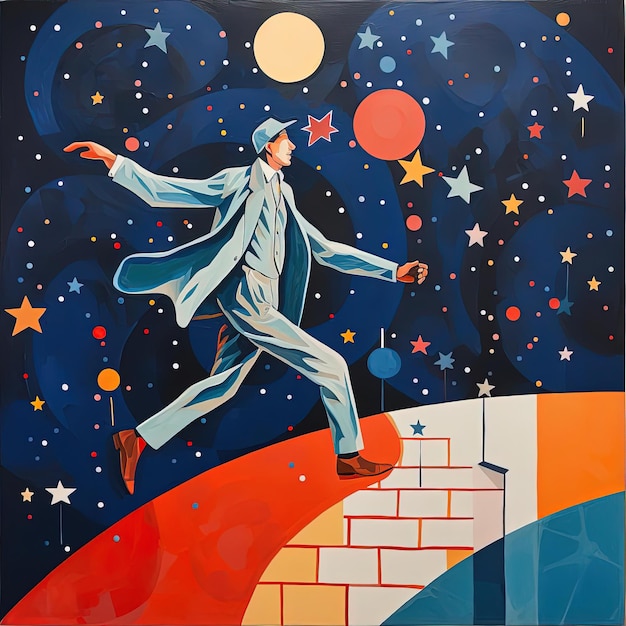 cartoon man with a net and red shoe running the stars at the sky in the style of colorfield painter