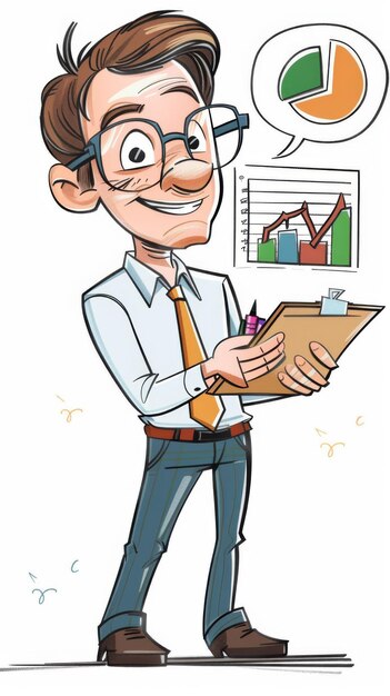 Photo a cartoon of a man with a pencil and a paper with a pencil in his hand