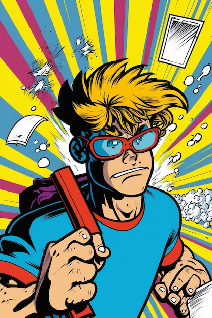 A cartoon of a man with a red tube in his hand and a comic book title saying'the word'on it '