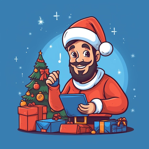 A cartoon of a man with a santa hat and a christmas tree